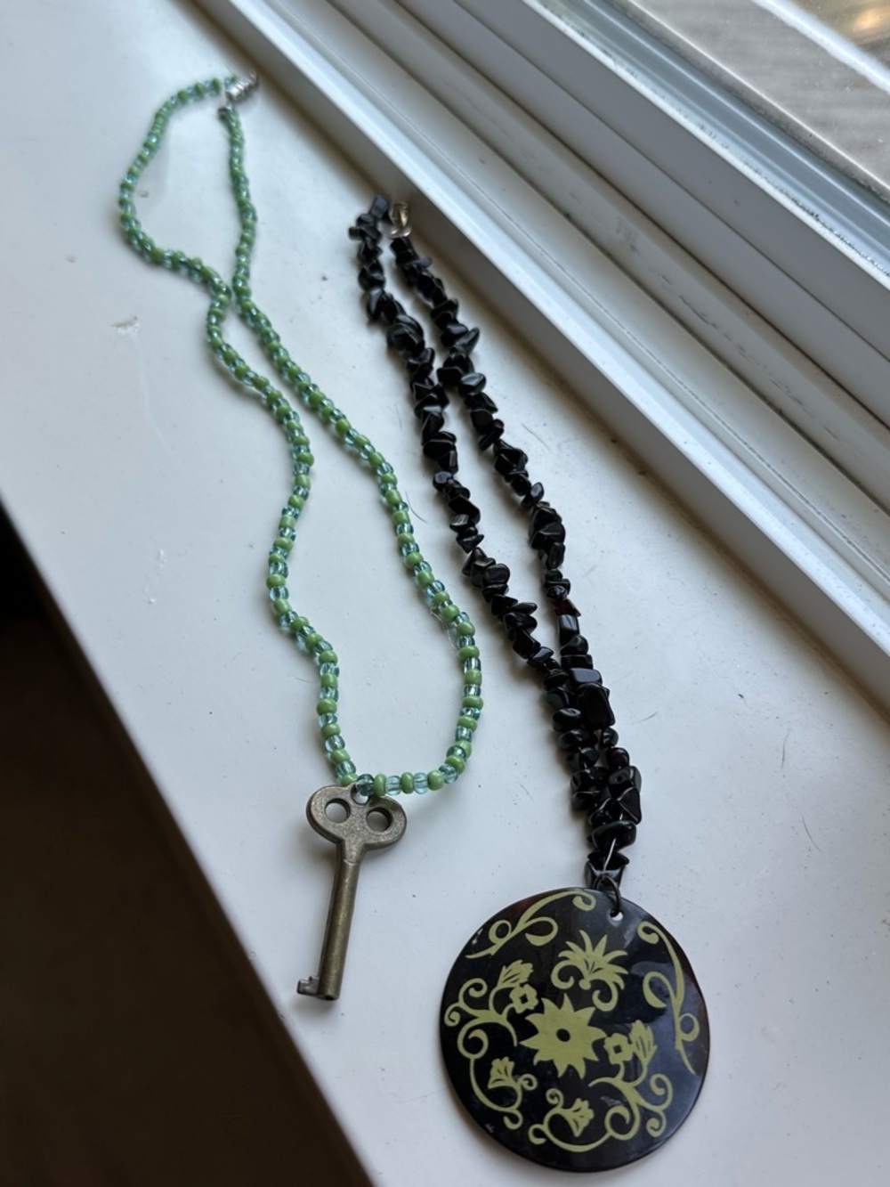 Green Beaded Key Pendant Necklace & Black Floral Pendant Necklace - Set